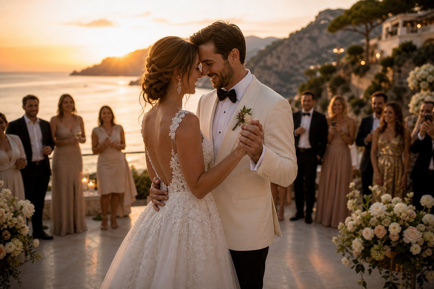 First dance on coastal terrace at sunset